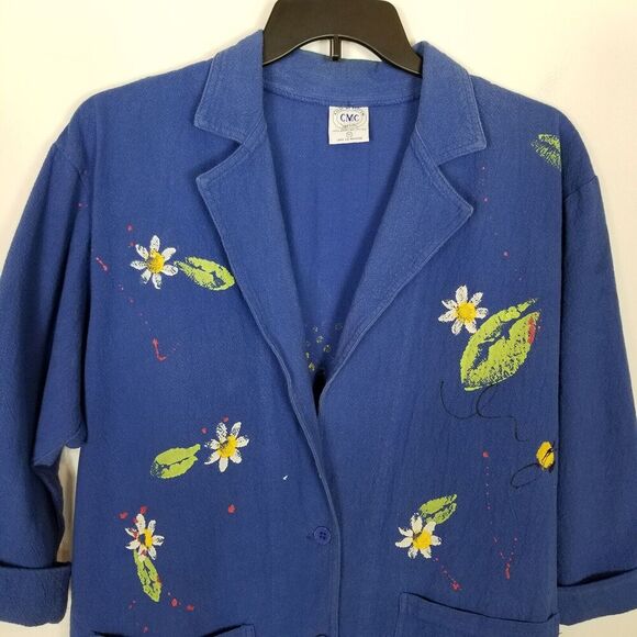 CMC Color Me Cotton Painted Floral Blazer Jacket Sz M Blue Button Up Artsy USA - Picture 2 of 7